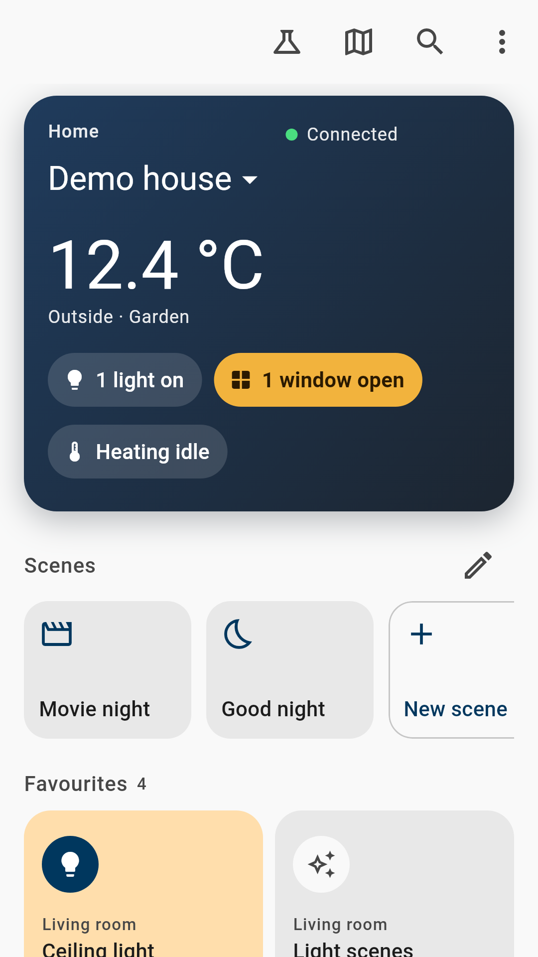 Start page of the Swisstoggel KNX app: overview tiles, scenes and favourites