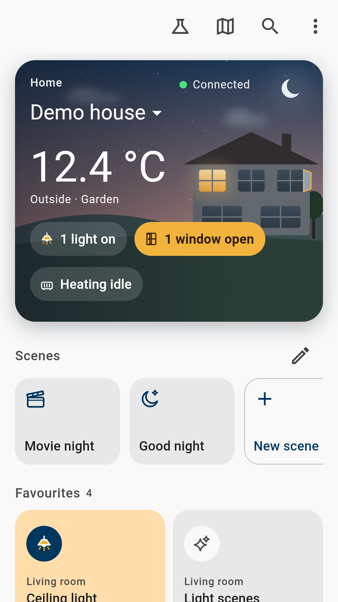 The living house in the evening on the start page