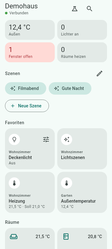 Startseite der KNX App: Übersichtskacheln, Szenen und Favoriten